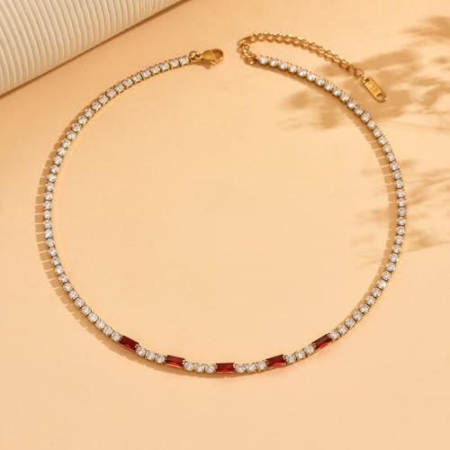 Tennis Necklaces for Women 18K Gold Plated White Red Green Blue Cubic Zirconia Necklaces Dainty Rhinestone Choker Necklaces Trendy Faux Diamond Tennis Chain 3mm - color: Red Tennis Choker-Gold