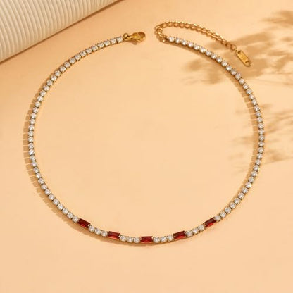 Tennis Necklaces for Women 18K Gold Plated White Red Green Blue Cubic Zirconia Necklaces Dainty Rhinestone Choker Necklaces Trendy Faux Diamond Tennis Chain 3mm - color: Red Tennis Choker-Gold
