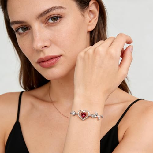 1CT Rose Heart Birthstone Bracelet for Women Love Gift - style: 01/07-Jan/July Ruby Silver