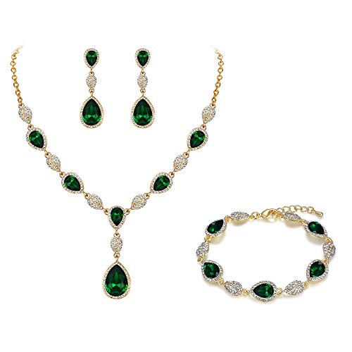 EleQueen Women's Wedding Bridal Jewelry Sets for Brides Bridesmaids, Cubic Zirconia Teardrop Necklace Tennis Bracelet Dangle Earrings Jewellery Set - color: 03-Emerald Color Gold-Tone