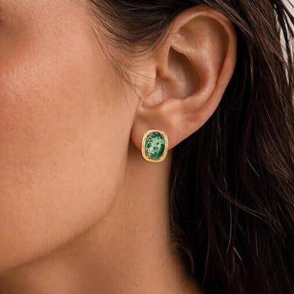 YOQUCOL Natural Stone Trendy Clip On Stud Earrings for Women Gold Plated Non Pierced Statement Earrings Fashion Jewelry - color: Oval-Emerald Green