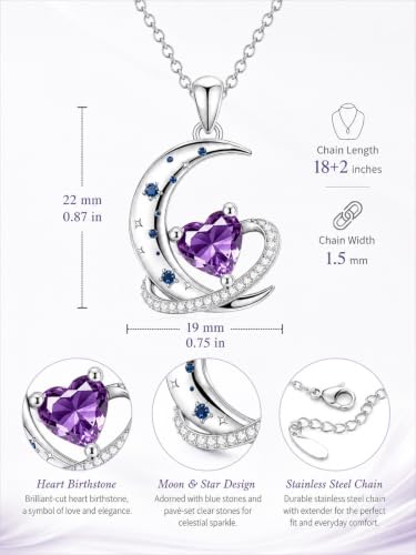 Birthstone Necklace for Women White Gold Moon and Star Pendant Moon Jewelry Anniversary Birthday Gifts for Mom Wife Her - color: 02. February - Amethyst