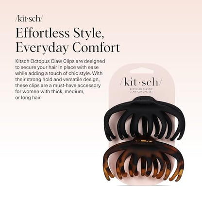 Kitsch Octopus Hair Clips For Women - Classic Black & Tortoise, 2pcs | Durable Recycled Plastic | Large Hair Clips for Thick Hair, Thin Hair | Comfortable Fit Claw Clip, Secure Hold All-Day