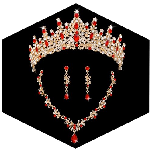 Crystal Crown Jewelry Set for Women Bride Queen Tiara Earrings and Necklace | Metal Royal Crown Costume Jewelry Set Wedding Prom Quinceanera Party Pageant Halloween Retirement Christmas Birthday Gift - color: Red