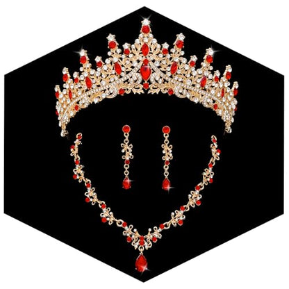 Crystal Crown Jewelry Set for Women Bride Queen Tiara Earrings and Necklace | Metal Royal Crown Costume Jewelry Set Wedding Prom Quinceanera Party Pageant Halloween Retirement Christmas Birthday Gift - color: Red