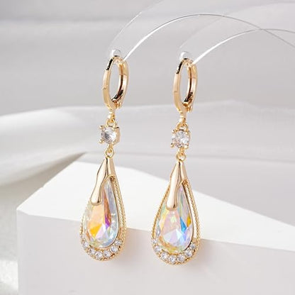 Trendy Austrian Crystal Teardrop Drop Huggie Dangle Earrings for Women 14k Rose Gold Plated Hypoallergenic Jewelry Gifts - color: Aurora Borealis