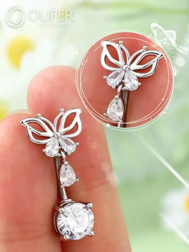OUFER Belly Button Rings, Butterfly Belly Rings, 316L Surgical Steel Navel Rings, Clear CZ Belly Piercing Jewelry, Dangle Belly Rings For Women Men