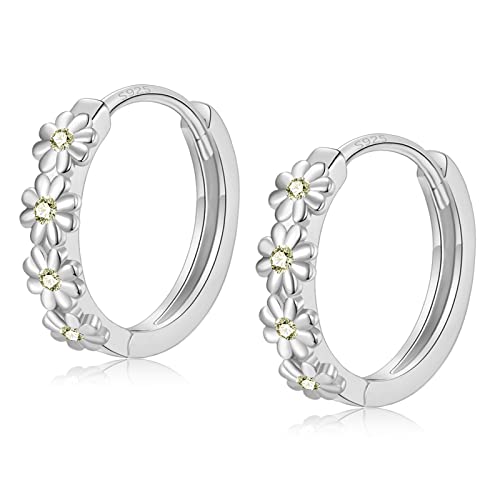 Sterling Silver Hoop Earrings for Women, Dainty Small Huggie Hoop Earrings | Hypoallergenic Daisy Color Cubic Zirconia Flower Hoops Earring Jewellery Gifts for Ladies Birthday Wedding, 12mm Hoop - color: Yellow