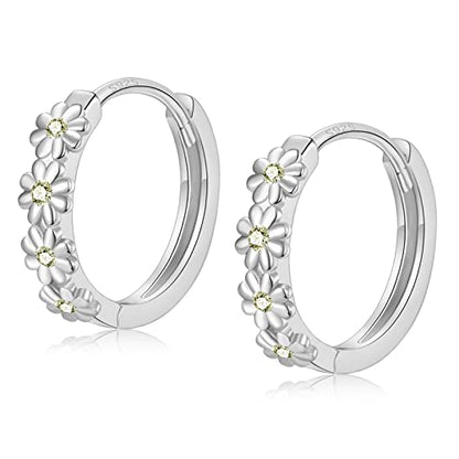 Sterling Silver Hoop Earrings for Women, Dainty Small Huggie Hoop Earrings | Hypoallergenic Daisy Color Cubic Zirconia Flower Hoops Earring Jewellery Gifts for Ladies Birthday Wedding, 12mm Hoop - color: Yellow