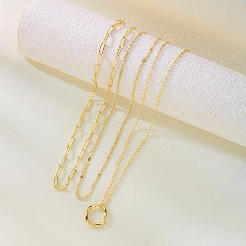 Gmai Layered Necklaces for Women Gold Plated 3/4/5 Piece Adjustable Stackable Necklace Set with Pearl Cross Coin Pendant Dainty Gold Silver Choker Chain Jewelry Gift for Her - style: Circular paperclip pendant