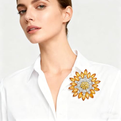 Rhinestone Sunflower Brooch for Women Sparkling Cubic Zirconia Flower Brooch Pin Elegant Large Crystal Floral Lapel Pin Dainty Clothing Hat Bag Accessories Christmas Wedding Bridal Birthday Jewelry - color: Yellow