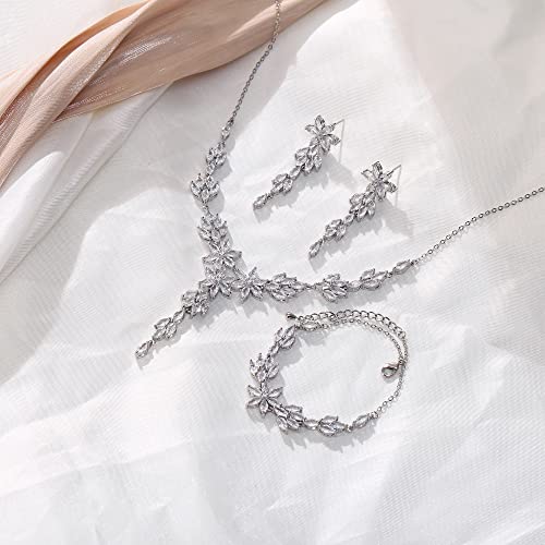 Crysdue Wedding Jewelry Set for Brides Bridesmaid, Cubic Zirconia Teardrop Marquise Leaf Cluster Pendant Necklace Bridal Tennis Bracelet Drop Earrings for Women Party Prom - style: I_silver