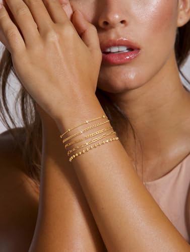 MFRYK Gold/Silver Bracelets For Women,Trendy 14k Gold/Silver Plated lightweight Dainty Chunky Thin Cuban Link Paperclip Chain Tennis Bangle Bracelets Stack Set,Ring Hand Chain Bracelet,Gold Jewelry Gift For Women Fashion Accessories - style: 5Pcs thin cub