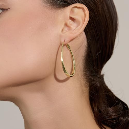 Lightweight Oval Hoop Earrings for Women - 14K Gold Plated, Rose Gold Plated and Sterling Silver Plated Large Oblong Hoop Earrings for Women Statement Jewelry Gift - color: gold