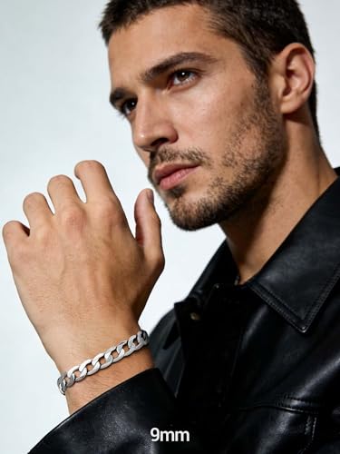 PROSTEEL Bracelets for Men, Figaro/Cuban Mens Bracelet, Silver/Gold/Black | 6/9/13mm Width, 7.5/8.3/9" Length, Stainless Steel Mens Bracelet, Durable & Non Tarnish, Chunky Jewelry with Gift Box - style: F 9mm-Cuban-Silver