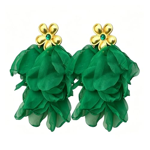 Fabric Flower Earrings for Women Colorful Long Tassel Floral Drop Earrings Fashion Boho Exaggerated Statement Beach Party Jewelry - color: E-874-Green