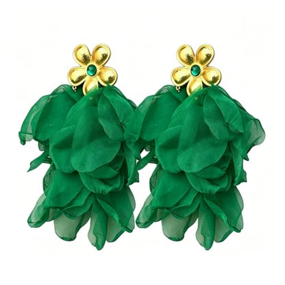 Fabric Flower Earrings for Women Colorful Long Tassel Floral Drop Earrings Fashion Boho Exaggerated Statement Beach Party Jewelry - color: E-874-Green