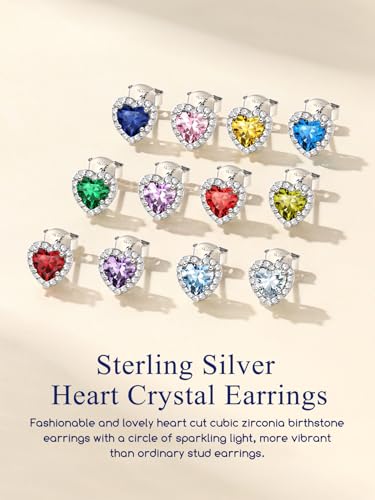 Suplight 925 Sterling Silver Birthstone Stud Earrings for Women, Round/Heart/Teardrop/Square Crystal Diamond Earrings for Women, Dainty Birthday Gifts Jewelry - color: style b-03. heart-March(Created Aquamarine)