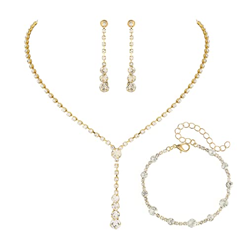 Bride Silver Bridal Necklace Earrings Set Crystal Wedding Jewelry Set Rhinestone Choker Necklace for Women and Brides - color: E Gold