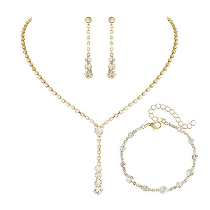 Bride Silver Bridal Necklace Earrings Set Crystal Wedding Jewelry Set Rhinestone Choker Necklace for Women and Brides - color: E Gold