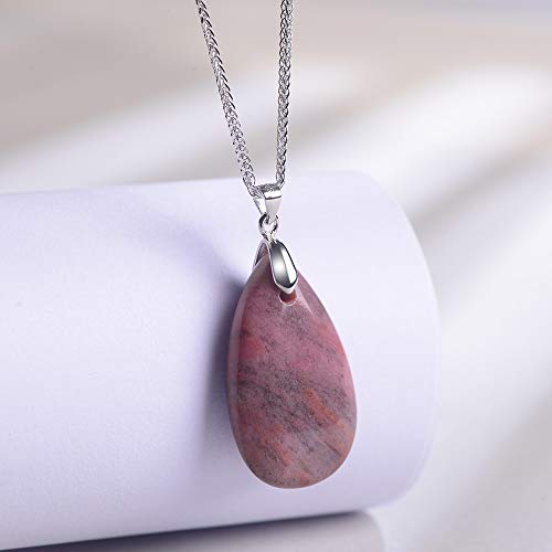 iSTONE 925 Sterling Silver Natural Crytral for Womens Pendant Necklace, Gemstone Birthstone with 17.8" Silver Chain Ladies - color: Rhodonite