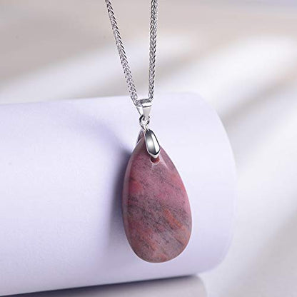 iSTONE 925 Sterling Silver Natural Crytral for Womens Pendant Necklace, Gemstone Birthstone with 17.8" Silver Chain Ladies - color: Rhodonite
