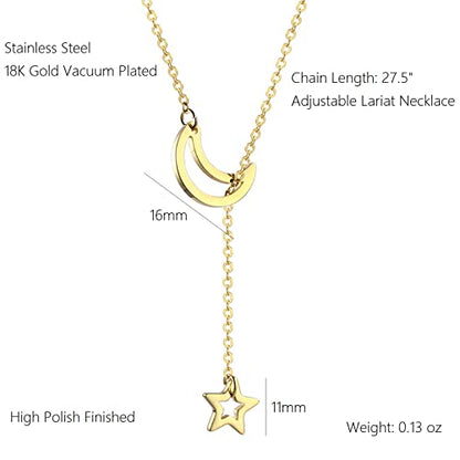 18K Gold Plated Stainless Steel Bee Honeycomb Pendant Necklace, Adjustable Y Lariat Conch/Guitar/Horseshoe Necklace for Women - color: Gold, style: Moon Star