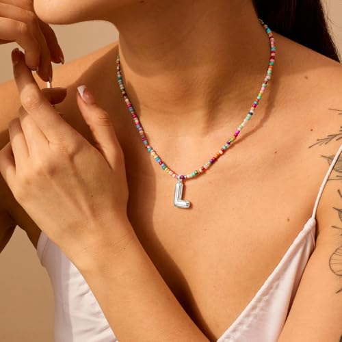 VRIUA Colorful Initial Necklaces for Women – Bubble Letter A-Z Necklace Handmade Beaded Necklace Dainty Initial Necklaces for Girls Kids - Teen Girls Gifts Trendy Jewelry - color: Silver, style: W