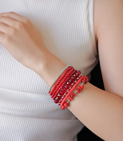 Noessla Boho Beaded Bracelets for Women Stackable Irregular Natural Stone Bead Stretch Bracelet Set 8PCS Costume Jewelry Gifts for Her - color: Red