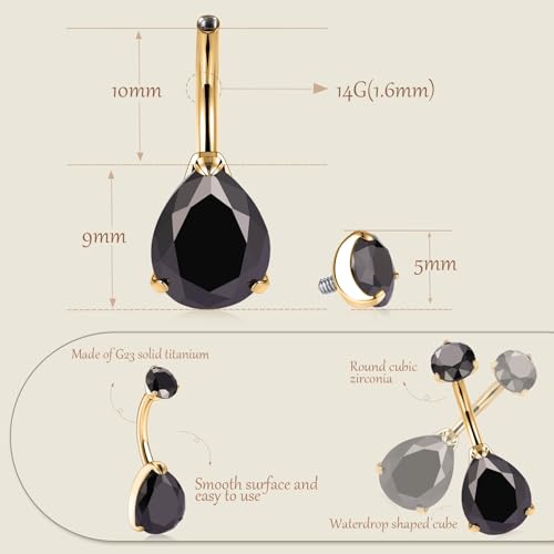 AROWRO Gold Belly Button Ring G23 Titanium Hypoallergenic 14G belly ring for Women Men Teardrop Navel Piercing Jewelry 10mm Barbell With Cubic Zircon - color: Gold+Teardrop Black CZ