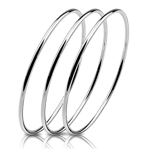 Solid 925 Sterling Silver 2mm Polished Circle Bangles | Minimalist Three-Ring Stacking Bracelet for Women, 7.5" 8" 8.5" - color: Silver, size: 8.5"