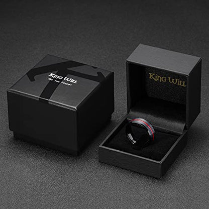 King Will Mens Tungsten Rings for Men Two Tone Grooved Mens Wedding Band Cool - color: Black & Red