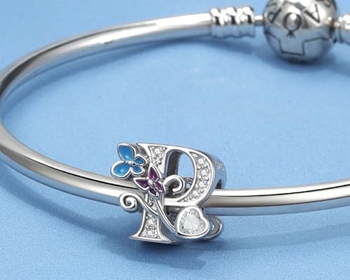 S925 Silver Butterfly Initial Letter Charms Fit for Pandora Charms Bracelets and Necklace Alphabet Bead Charms Jewelry Gifts for Women - color: P