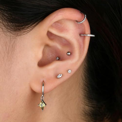 Surgical Steel Hoop Earrings for Women - Hypoallergenic Small Cartilage Huggies with Cubic Zirconia Dangle - color: Olive Green-Stainless Steel