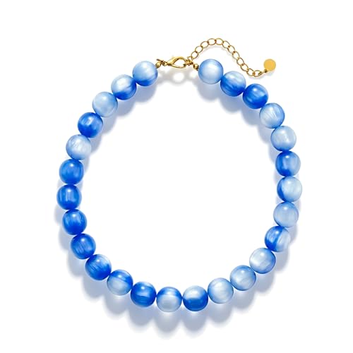 Beaded Necklace for Women Boho Chunky Large Round Beaded Statement Choker Trendy Adjustable Resin Necklaces Summer Beach Jewelry Gifts - color: Royla Blue