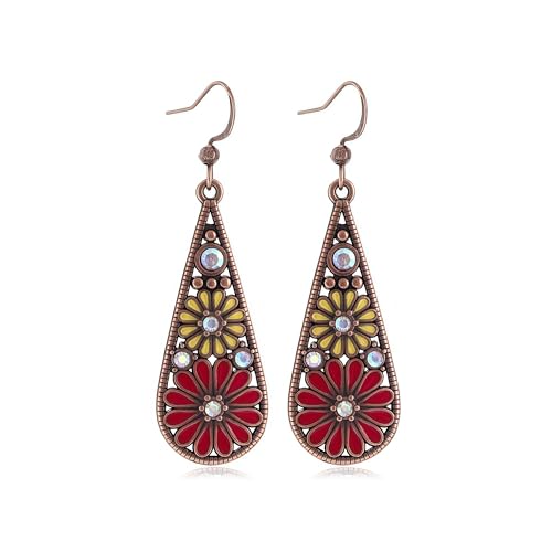 Bohemian Crystal Teardrop Dangle Earrings, Copper, Tribal Geometric Design, Handmade National Style for Women - color: Red