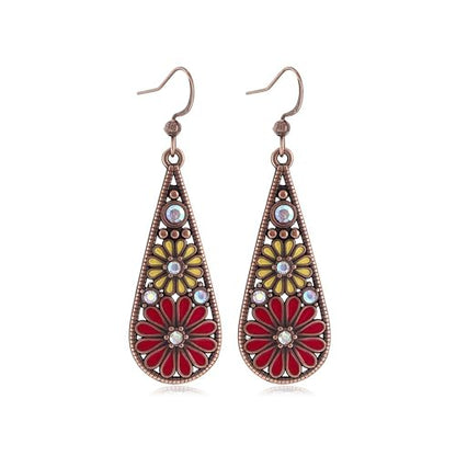 Bohemian Crystal Teardrop Dangle Earrings, Copper, Tribal Geometric Design, Handmade National Style for Women - color: Red