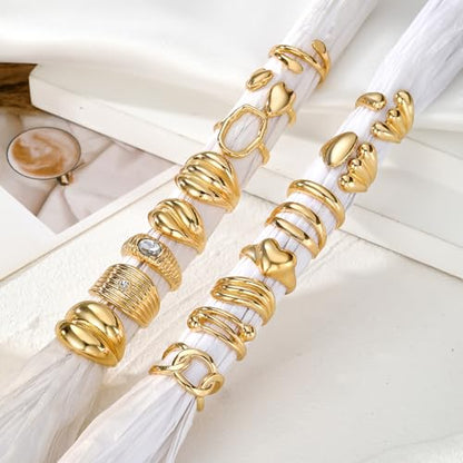 17IF 16 Pcs Chunky Gold Rings Set for Women, 14K Gold Plated | Classic Thick Adjustable Rings, Stackable Midi Finger Womens Stack Ring Pack for Jewelry Gifts - style: Golden-B