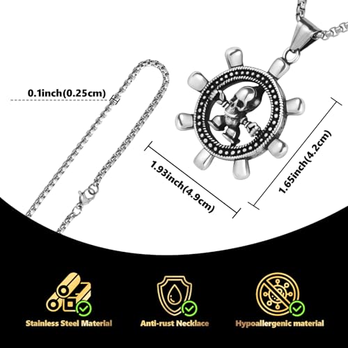 Stainless Steel Gothic Y2K Punk Rock Emo Biker Pendant Necklace | Cosplay Vintage Viking Alt Edgy Fashion Charm Necklace Jewelry for Men Women Active Daily Wear - style: Rudder Skull