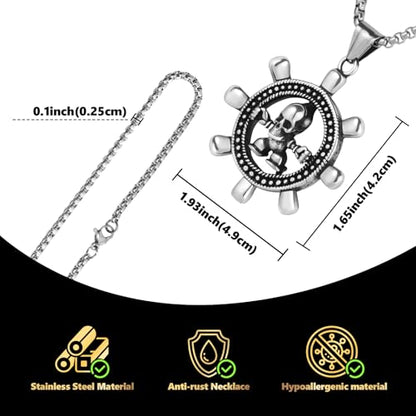 Stainless Steel Gothic Y2K Punk Rock Emo Biker Pendant Necklace | Cosplay Vintage Viking Alt Edgy Fashion Charm Necklace Jewelry for Men Women Active Daily Wear - style: Rudder Skull