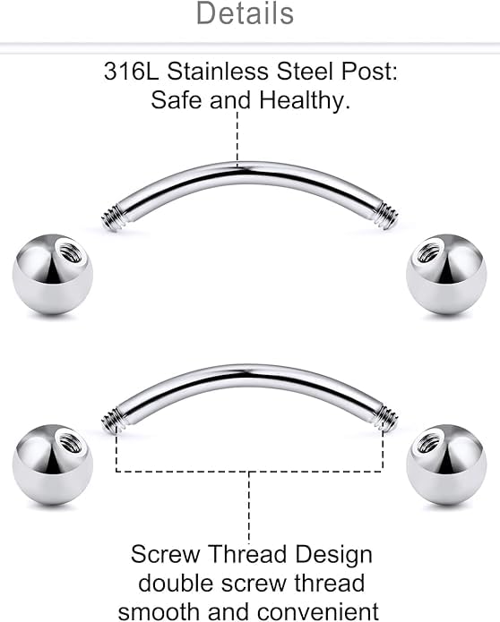 6prs(12pcs) Surgical Steel Tiny Curved Eyebrow Ear Navel Belly Lip Ring Barbell Piercing Jewelry 16g 6mm/8mm/10mm (Steel)