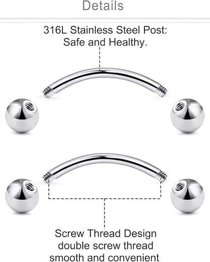 6prs(12pcs) Surgical Steel Tiny Curved Eyebrow Ear Navel Belly Lip Ring Barbell Piercing Jewelry 16g 6mm/8mm/10mm (Steel)