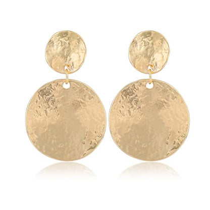 Gold Metal Clip On Earrings for Women Non Pierced Dangle Drop Earrings Multiple Styles - color: gold ruond disc