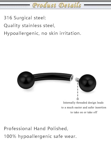 Internally Threaded Eyebrow Piercing Jewelry Surgical Steel Tiny Eyebrow Rings Vertical Labret Lip Jewelry Small Ear Rook Earring for Women Men 18g 16g 14g Plus Piercing Ball Grabber Tool - color: black, size: 16g,ball end
