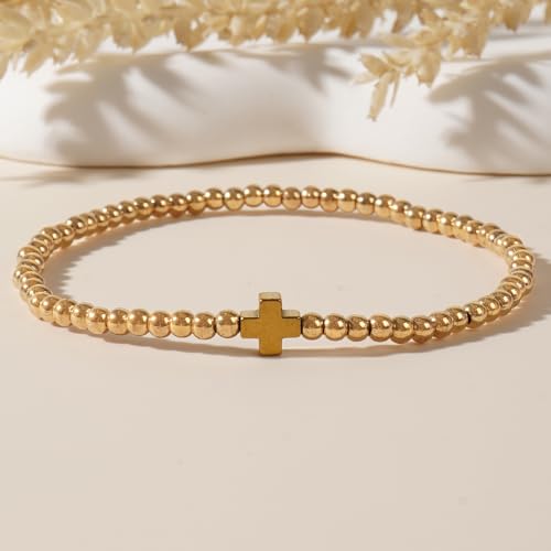 14K Gold Plated Beaded Bracelets Stack Set for Women,Stretch Boho Ball Jewelry Friendship Trendy - color: Gold