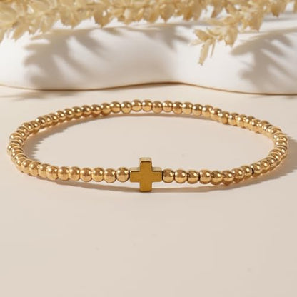 14K Gold Plated Beaded Bracelets Stack Set for Women,Stretch Boho Ball Jewelry Friendship Trendy - color: Gold