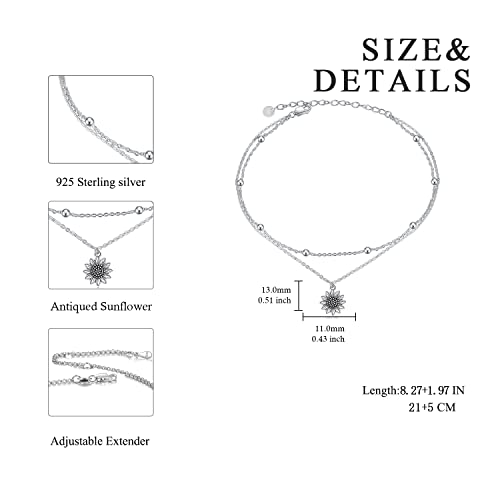 POPLYKE 925 Sterling Silver Double Layered Chain Evil Eye Daisy Sunflower Butterfly Anklets for Women Holiday Beach Crystal Ankle Bracelet Dainty Evil Eye Jewelry - style: Antiqued Sunflower Anklet