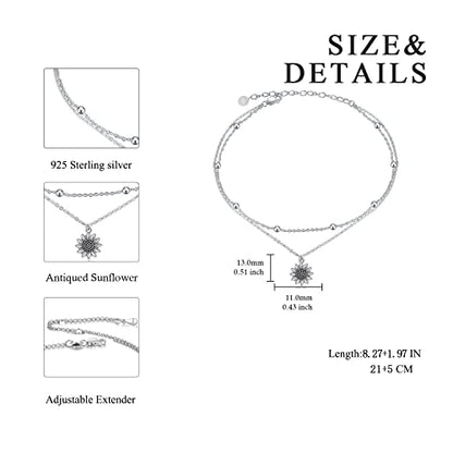 POPLYKE 925 Sterling Silver Double Layered Chain Evil Eye Daisy Sunflower Butterfly Anklets for Women Holiday Beach Crystal Ankle Bracelet Dainty Evil Eye Jewelry - style: Antiqued Sunflower Anklet