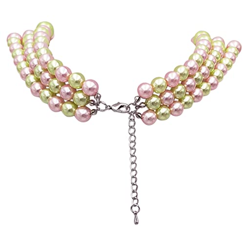 Rosemarie & Jubalee Women's 3 Colorful Multi Strands Simulated Pearl Necklace And Earrings Jewelry Gift Set, 18"+3" Extender - color: Light Green Light Pink Mix Silver Tone - Double Ball Earring