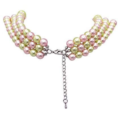 Rosemarie & Jubalee Women's 3 Colorful Multi Strands Simulated Pearl Necklace And Earrings Jewelry Gift Set, 18"+3" Extender - color: Light Green Light Pink Mix Silver Tone - Double Ball Earring